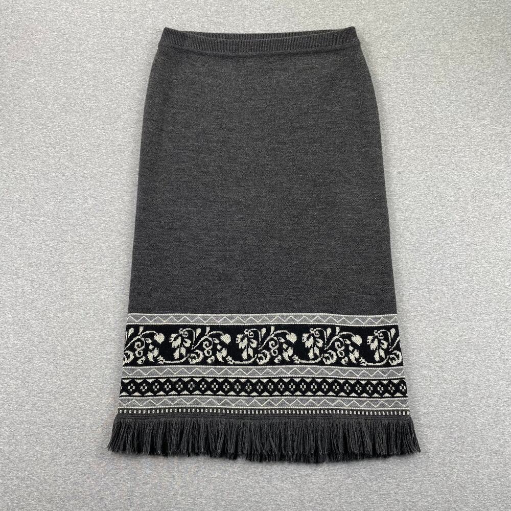 Vintage Nina Leonard Fringed Blanket Skirt Size S Gray Floral Knit Sweater Midi